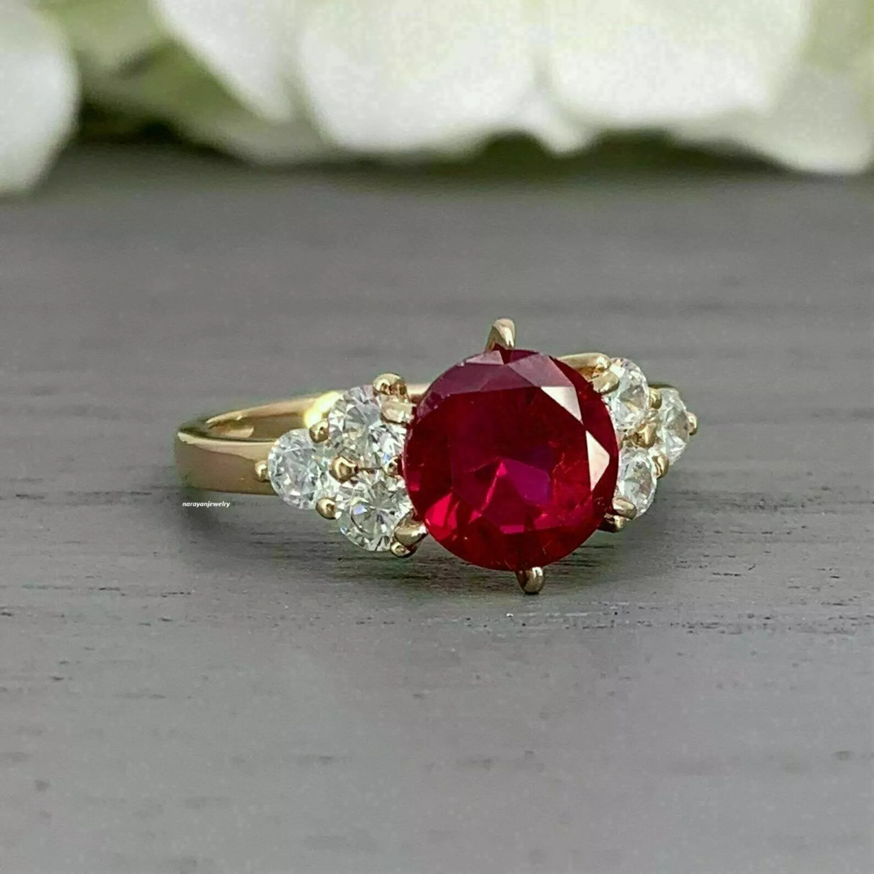 2.30 Ct Round Cut Stunning Natural Ruby & Diamond Ring 14K Yellow Gold Ring