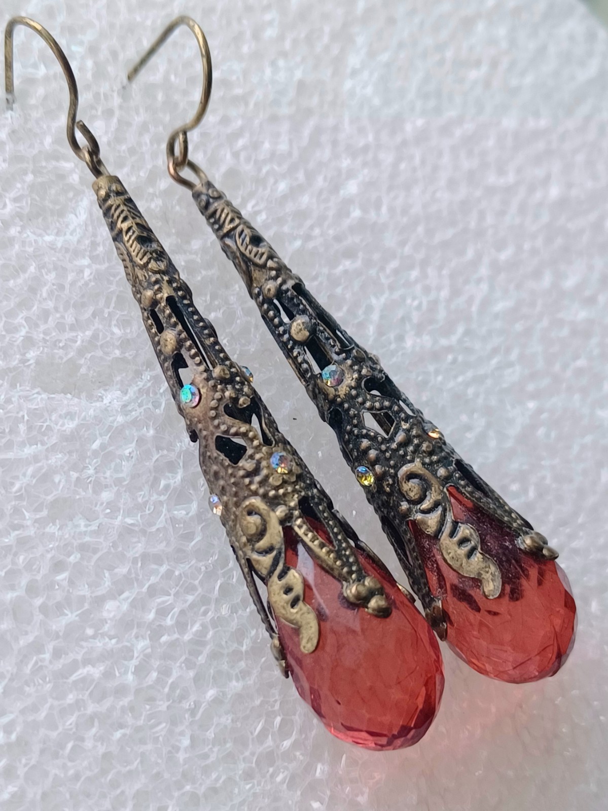 Vintage Czech Amber Lucite Brass Plated Dangle Wire Earrings