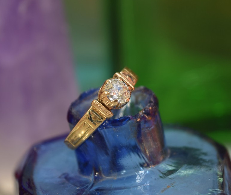 Antique Edwardian 14K Rose Gold .34ct Mine Cut Diamond Solitaire Ring Sz 8.4