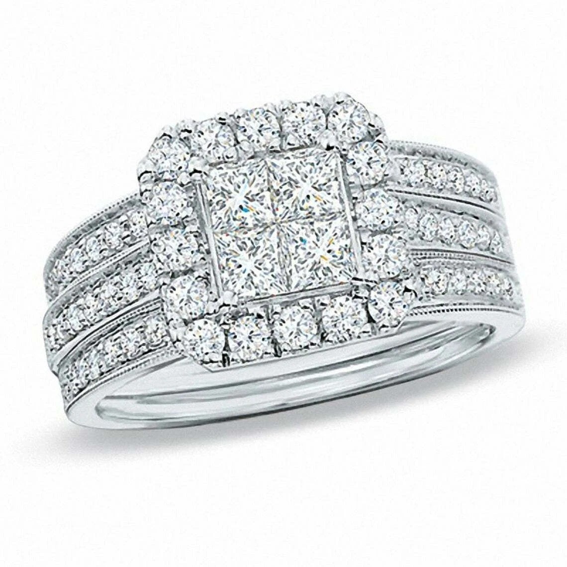 1.56 Ct Princess Cut Lab Created Diamond Halo Wedding 14K White Gold Finish Ring