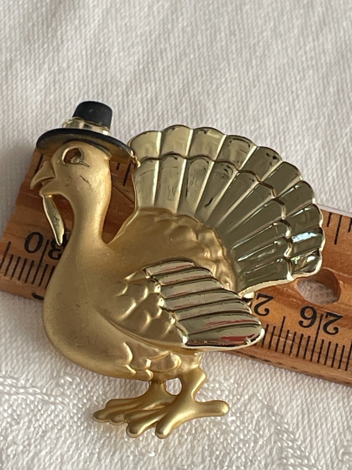 VTG Gold Tone Turkey Brooch, Black Pilgrim Hat, Signed