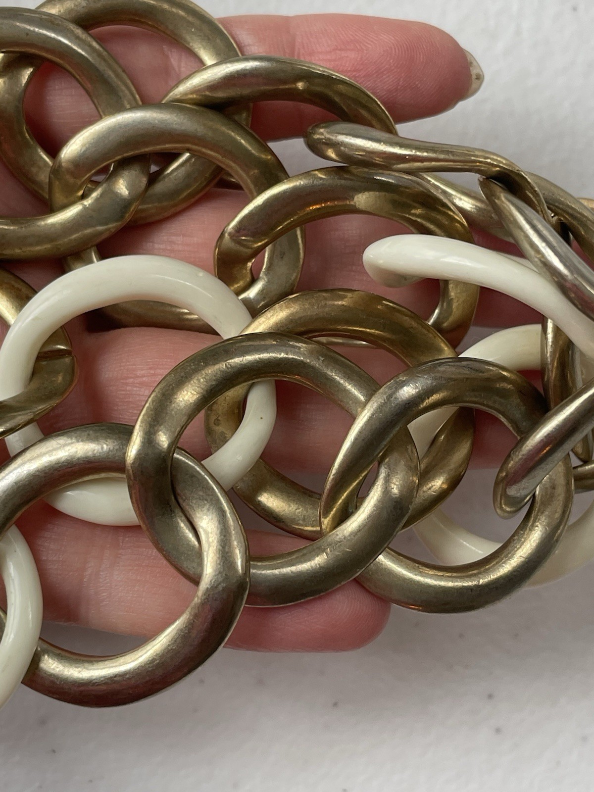 Vintage Monet Gold White Link Necklace Chunky Statement Chain Retro Modern