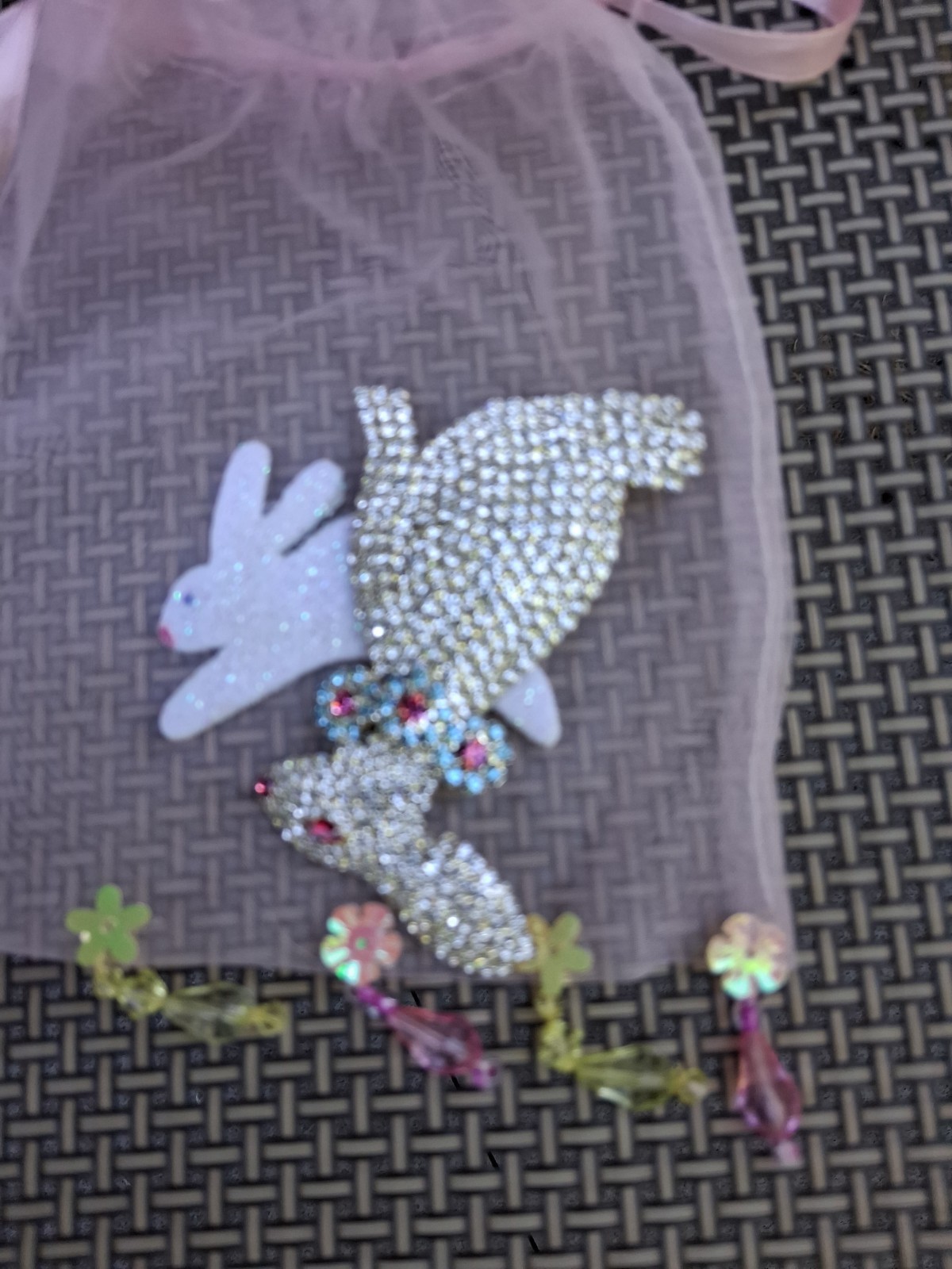 Beautiful Huge Rhinestone Bunny Brooch with Beaded Decorative Bag Vintage