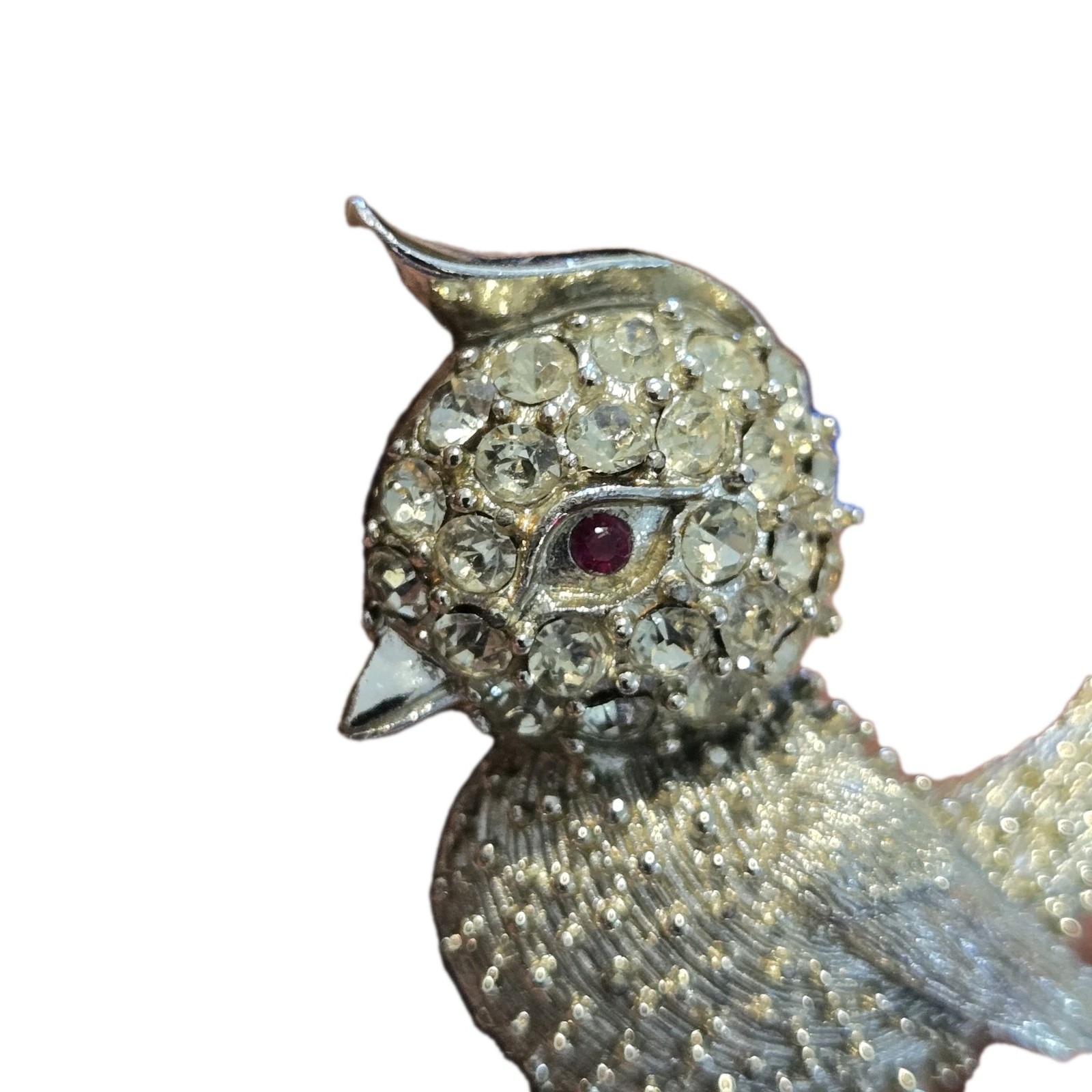 Vintage Sliver Tone Rhinestone Owl Brooch Pin Pre-owned
