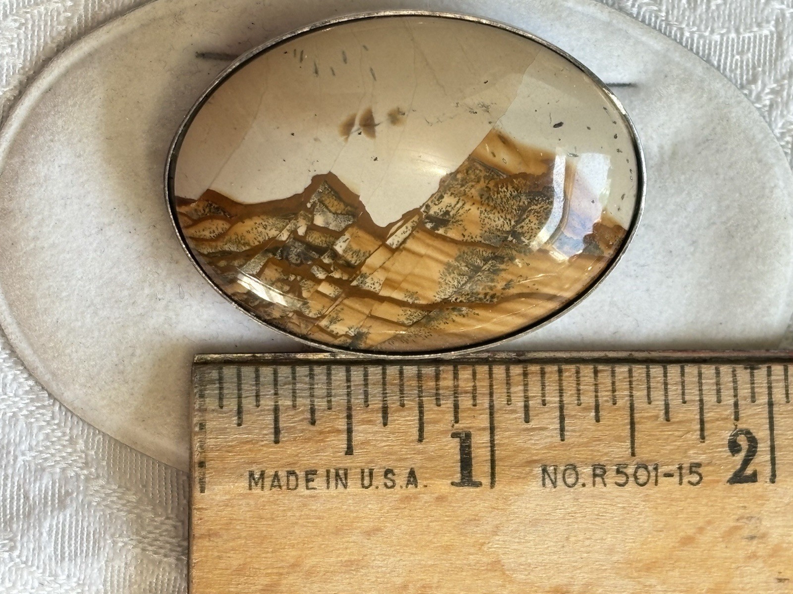 Vintage Picture Jasper Pin Landscape Brooch Tuscany Paesina Stone Italy UNUSED