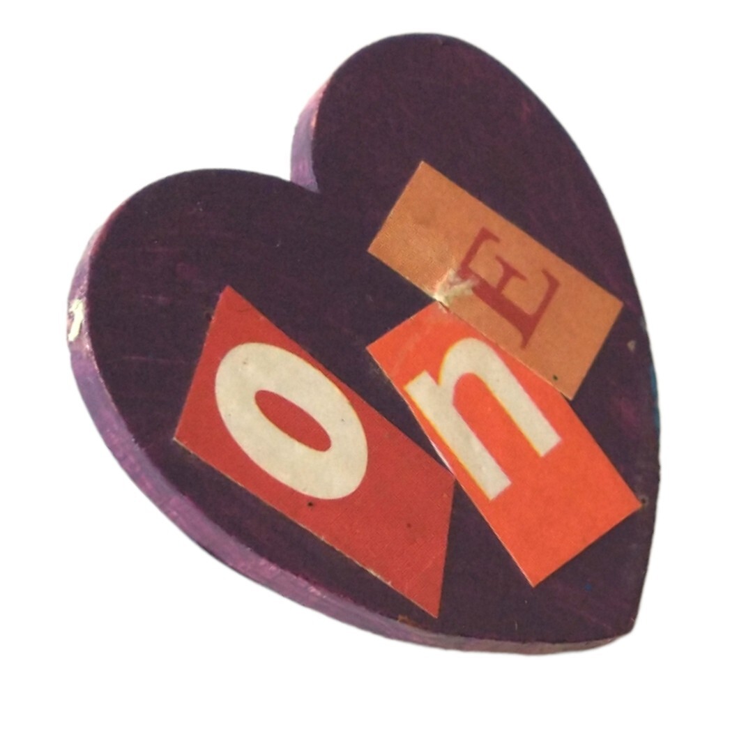 One Love Heart Brooch Pin Handmade Wooden Painted Valentine Mod Podged Eclectic