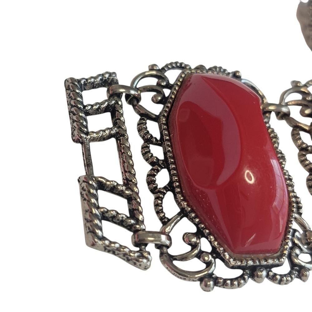 Vintage Red Cabochon Panel Bracelet & Clip Earrings Set Silver Tone Filigree