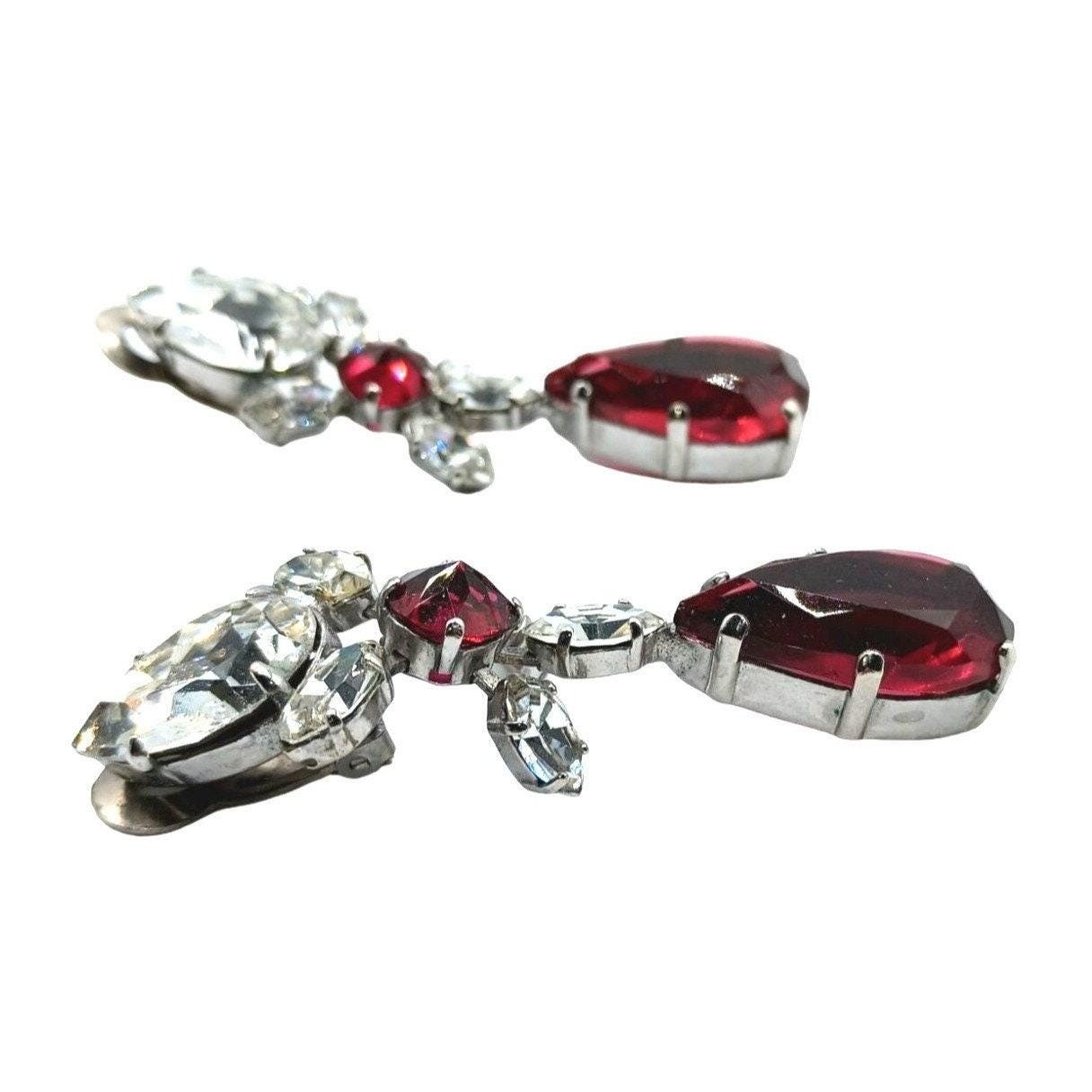 Schreiner Vintage Rhinestone Clip On Dangle Earrings Women Red Silver Tone