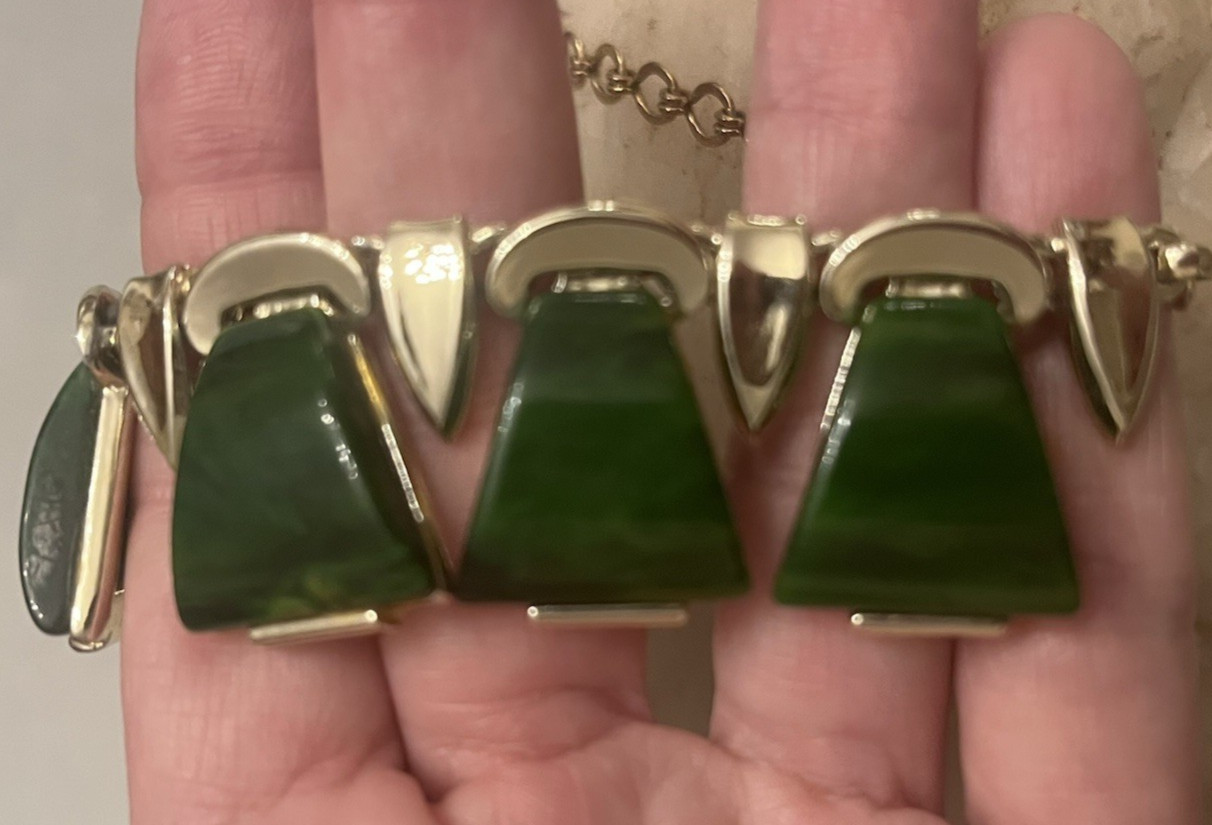 Vintage CHAREL Spinach Green Bakelite, Egyptian Revival, Necklace, Simi Tested!