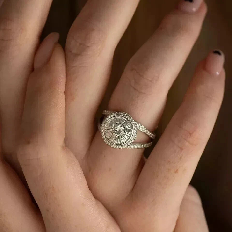 Art Deco Style Round Cut Lab Created Diamond 925 Silver Engagement Gift Ring