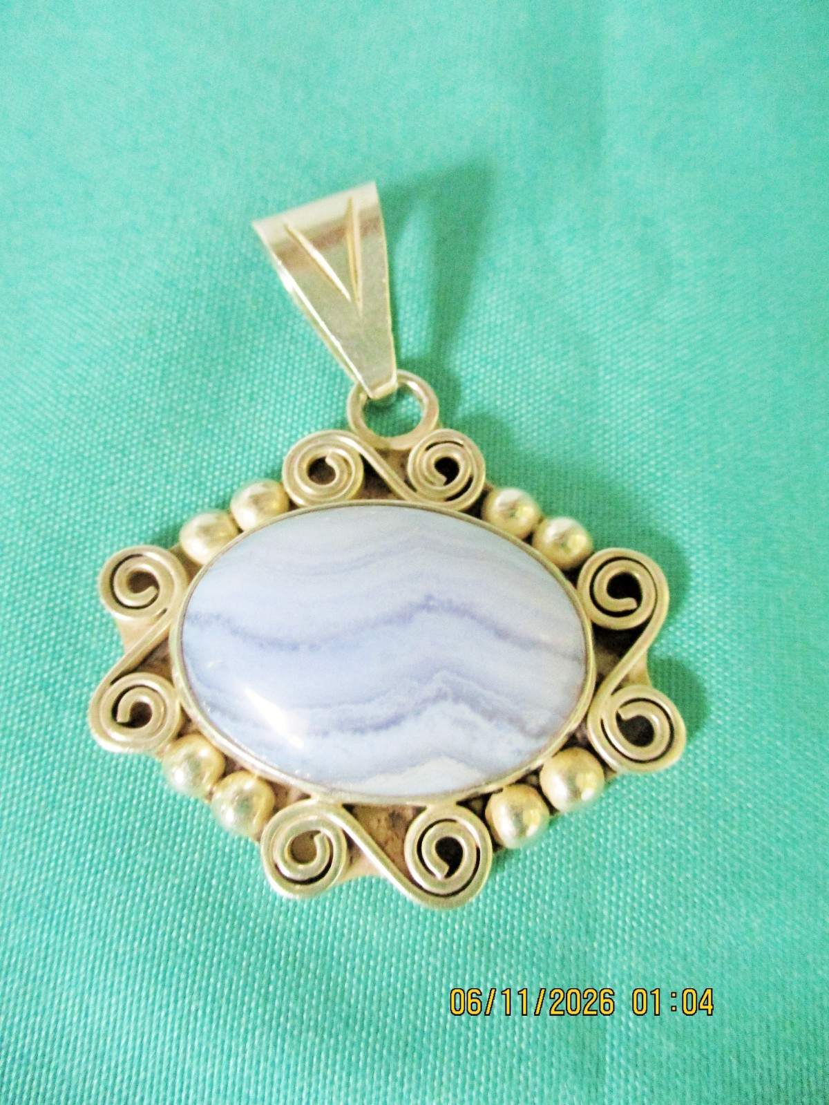 MEXICO 925 Sterling Silver Vintage Cabochon Blue Lace Agate Swirl Pendant