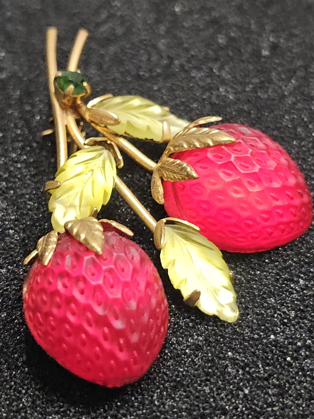 Vintage Austria Strawberry Brooch Frosted Red Glass Fruit Rhinestone Pin