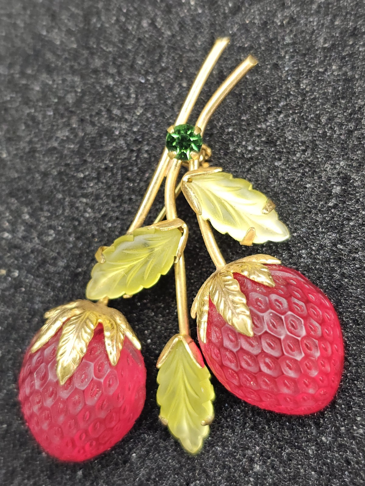 Vintage Austria Strawberry Brooch Frosted Red Glass Fruit Rhinestone Pin