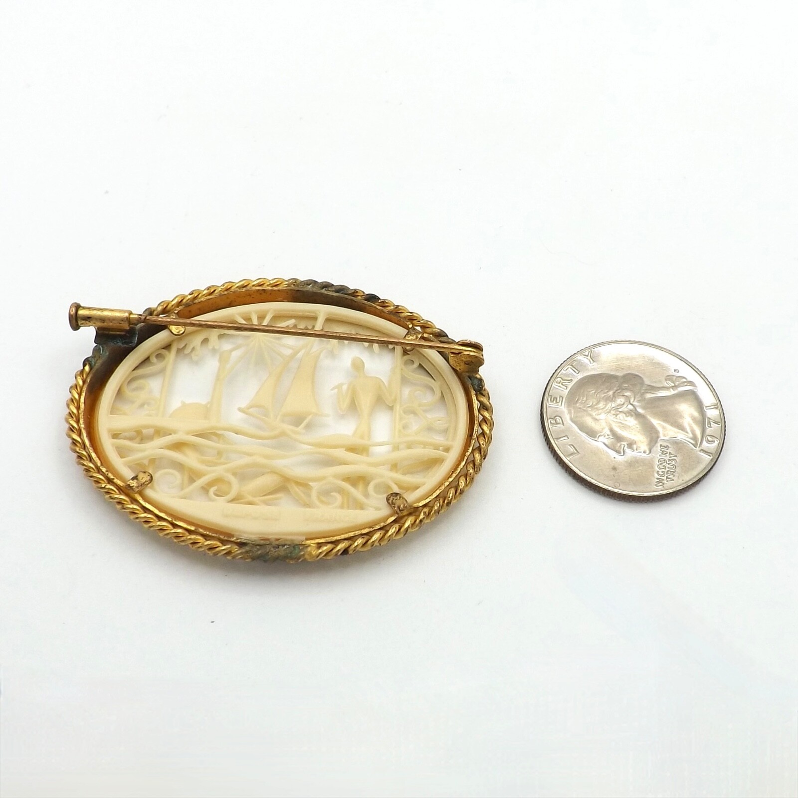 Art Deco Carved Celluloid Depose France Sailboat Beach Brooch Pin Brass Frame