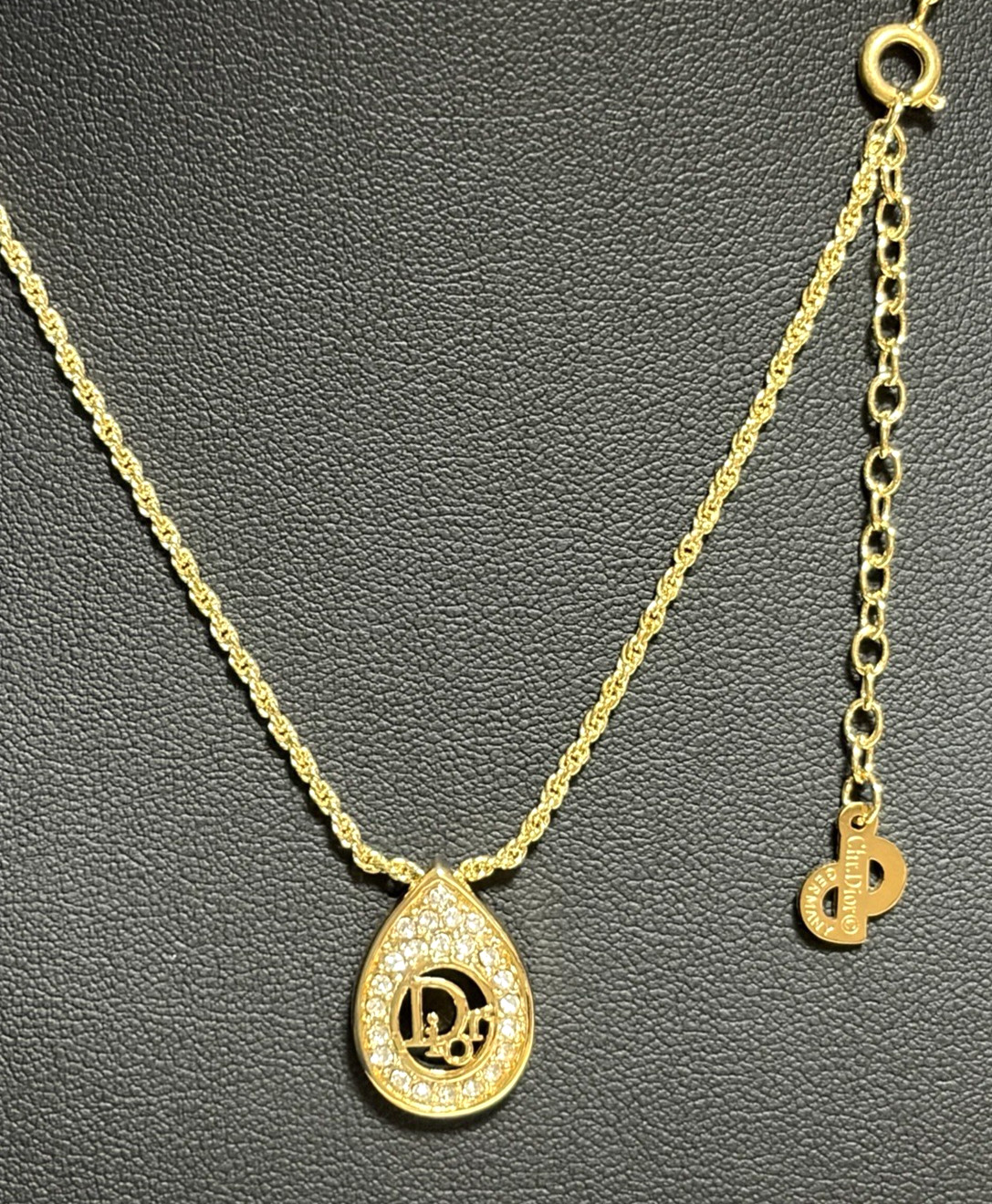Christian Dior necklace pendant with CD logo rhinestones gold plated teardrop