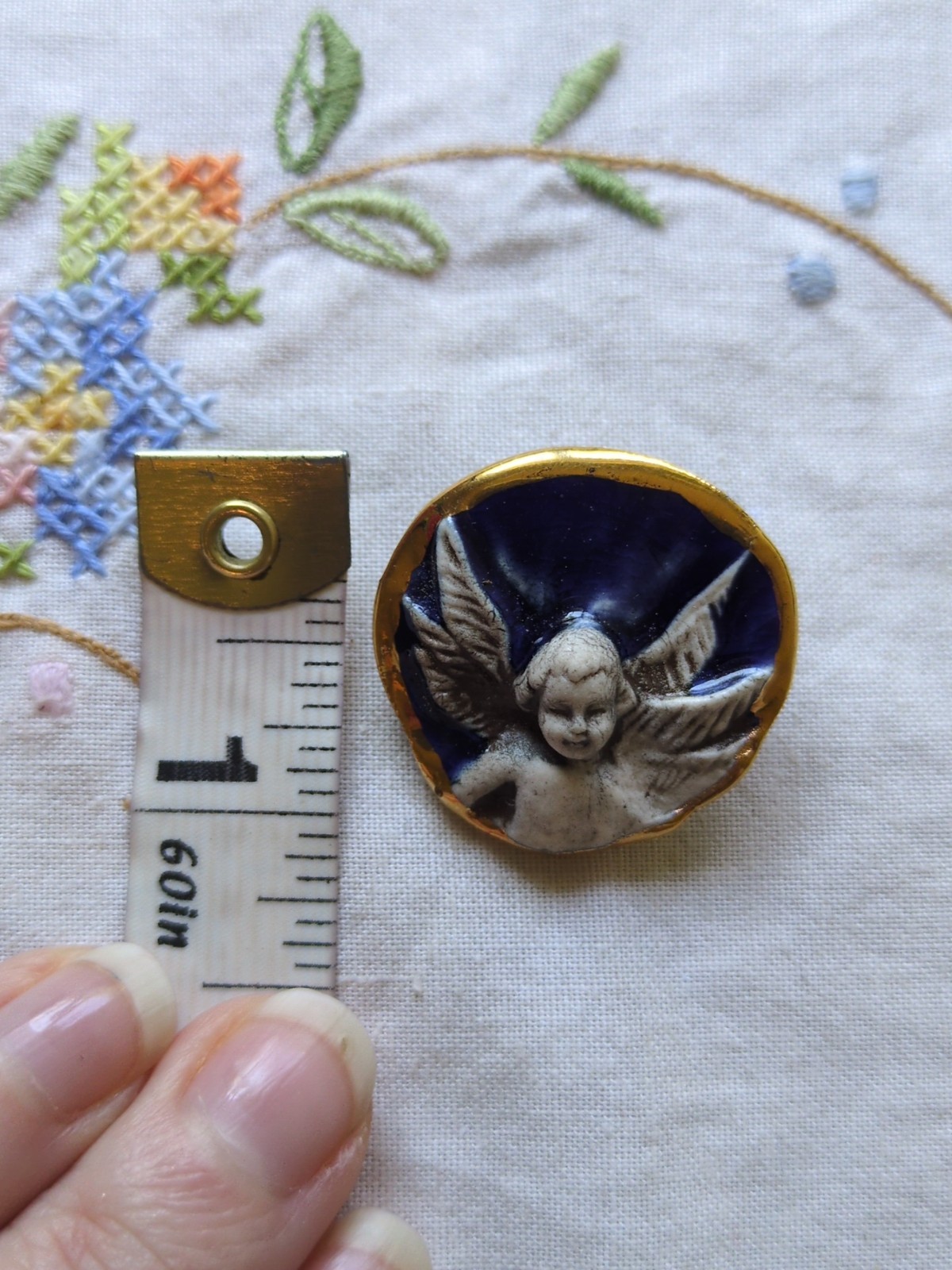 Brooke Andrews Handmade Cherub Angel Ceramic Pendant/ Brooch, Gold Trim