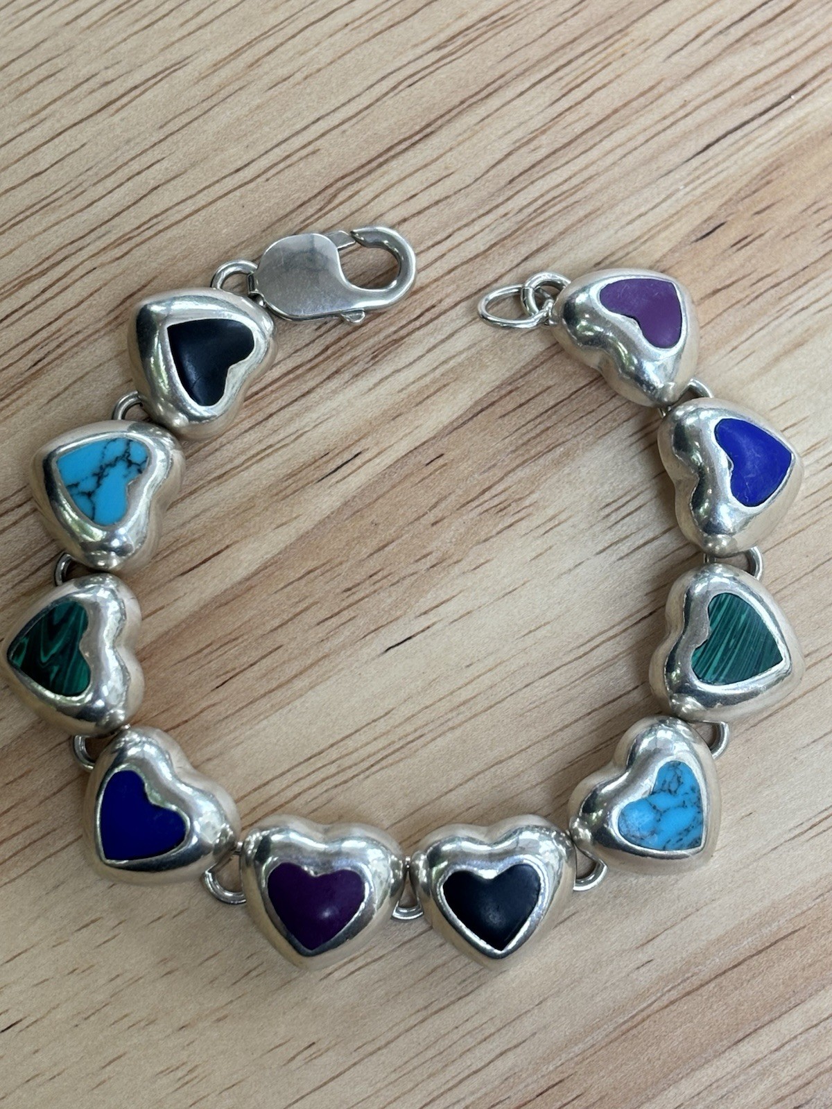 Vintage 935 Silver Multi Gemstone Heart Bracelet 7.5”