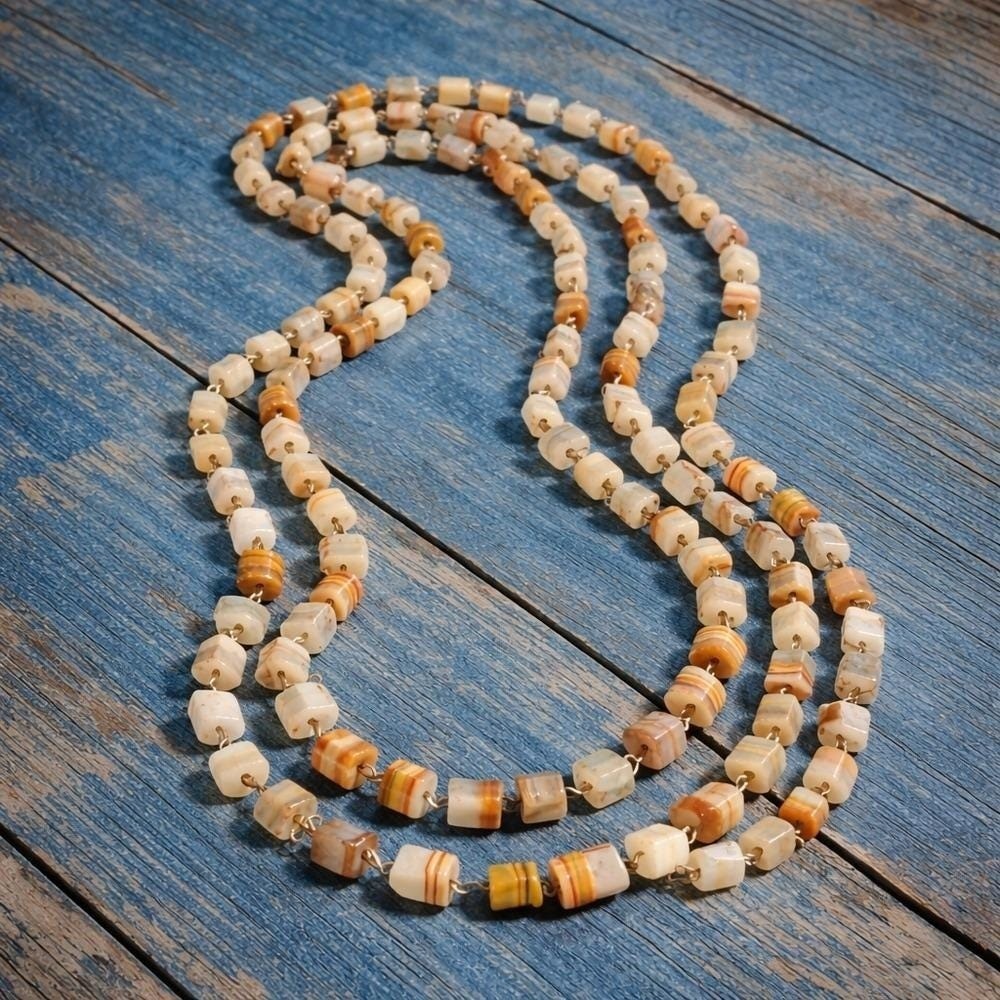 Vintage 1970s Banded Agate Sautoir Necklace Extra Long 74″ Natural Stone Mexican