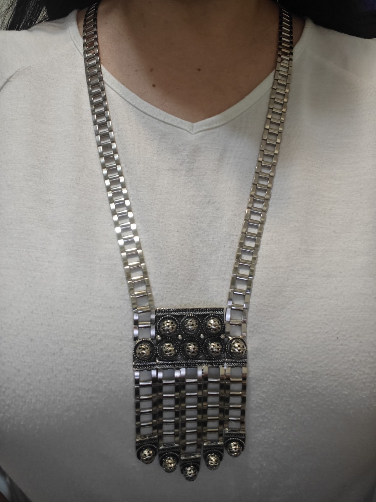 Vintage SIGNED Designer EDLEE 70’s Modernist Long Fringed Necklace 30” Silver