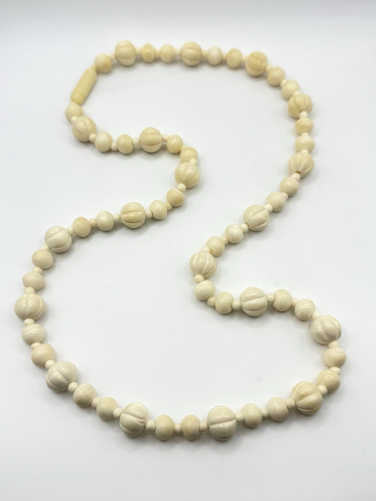 Vintage Antique Bovine Bone Beads Hand Carved Beaded Barrel Closure Necklace 31”
