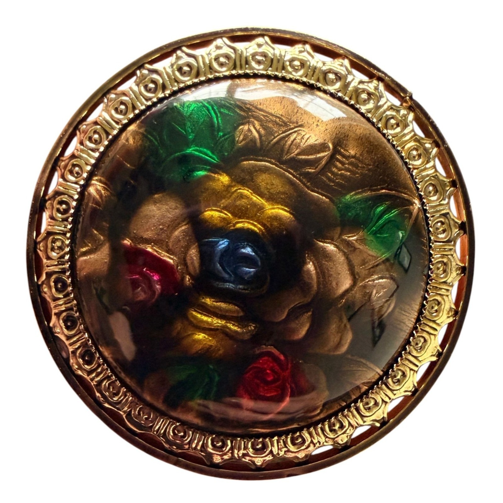 Vintage Reverse Carved Lucite Brooch Gold Tone Floral Pin 1950s New Old Stock