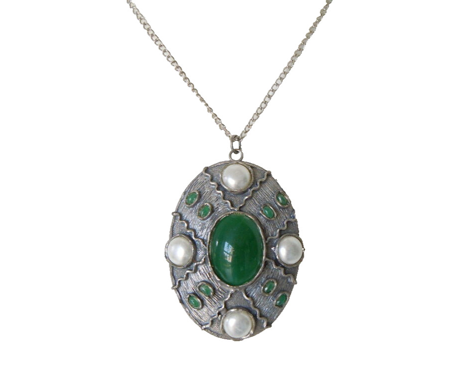 Vintage Pendant Pewter Stones Green Art Beads 34 G / 7.2 X 4.9 Cm
