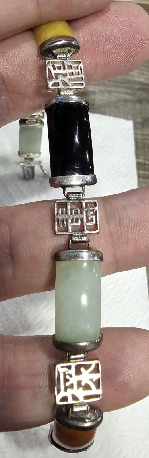 Vintage CFJ Manufacturing 925 Sterling Silver Jade, Black Onyx & Carnelian…