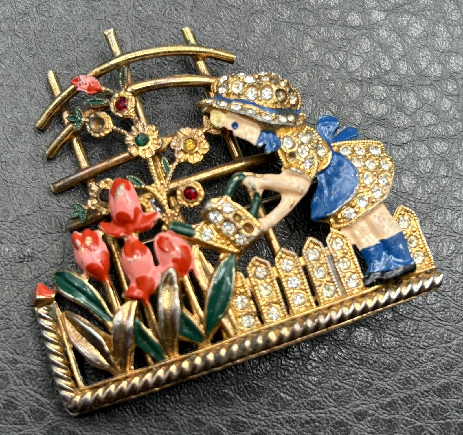 VTG Mistress Mary Enamel Rhinestone Girl Watering Flowers Pot Metal Pin Brooch