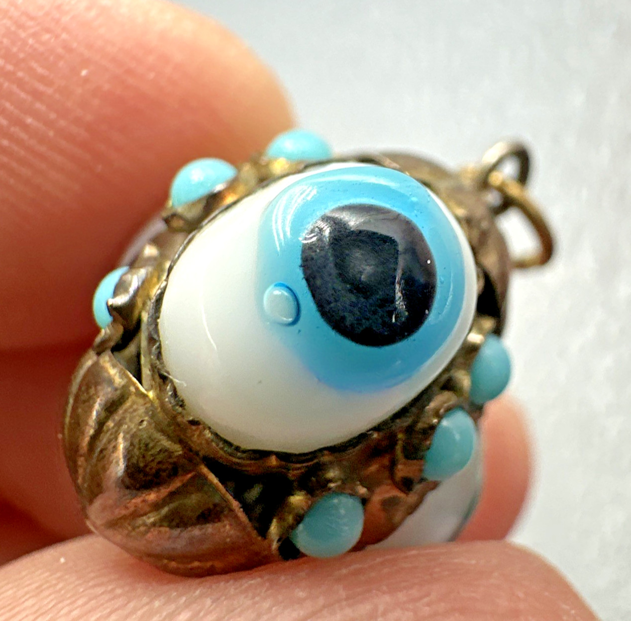 Vtg Victorian? Triple Evil Eye Blown Glass Gilted Brass Pendant Good Luck Amulet