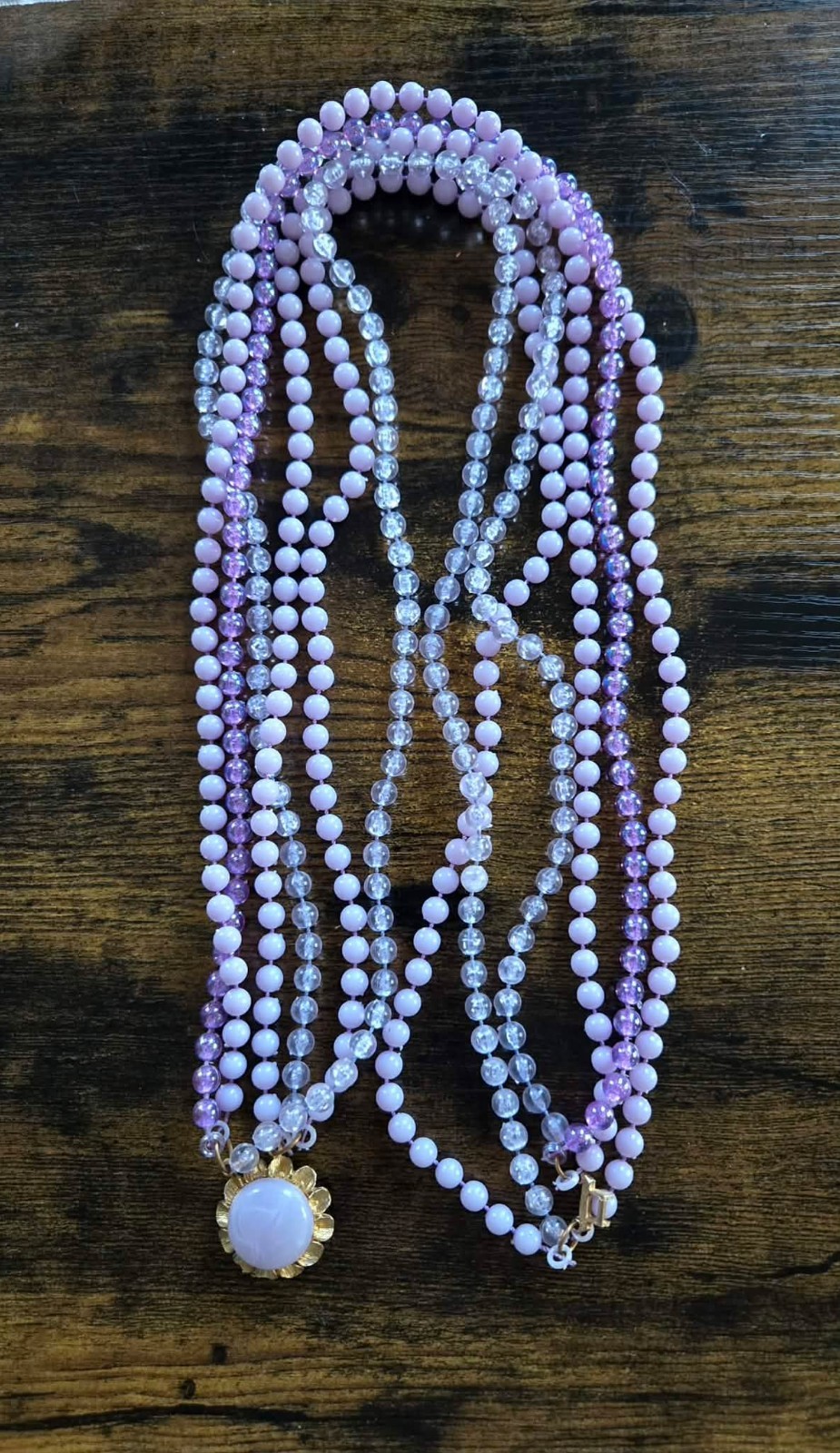 1960s 3 Stranded Handmade Purple Beaded Necklace Long Acrylic Beads Vintage