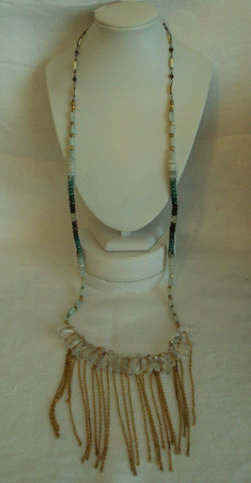 VINTAGE 38″ GLASS STONE AND CHAIN PENDANT NECKLACE #S