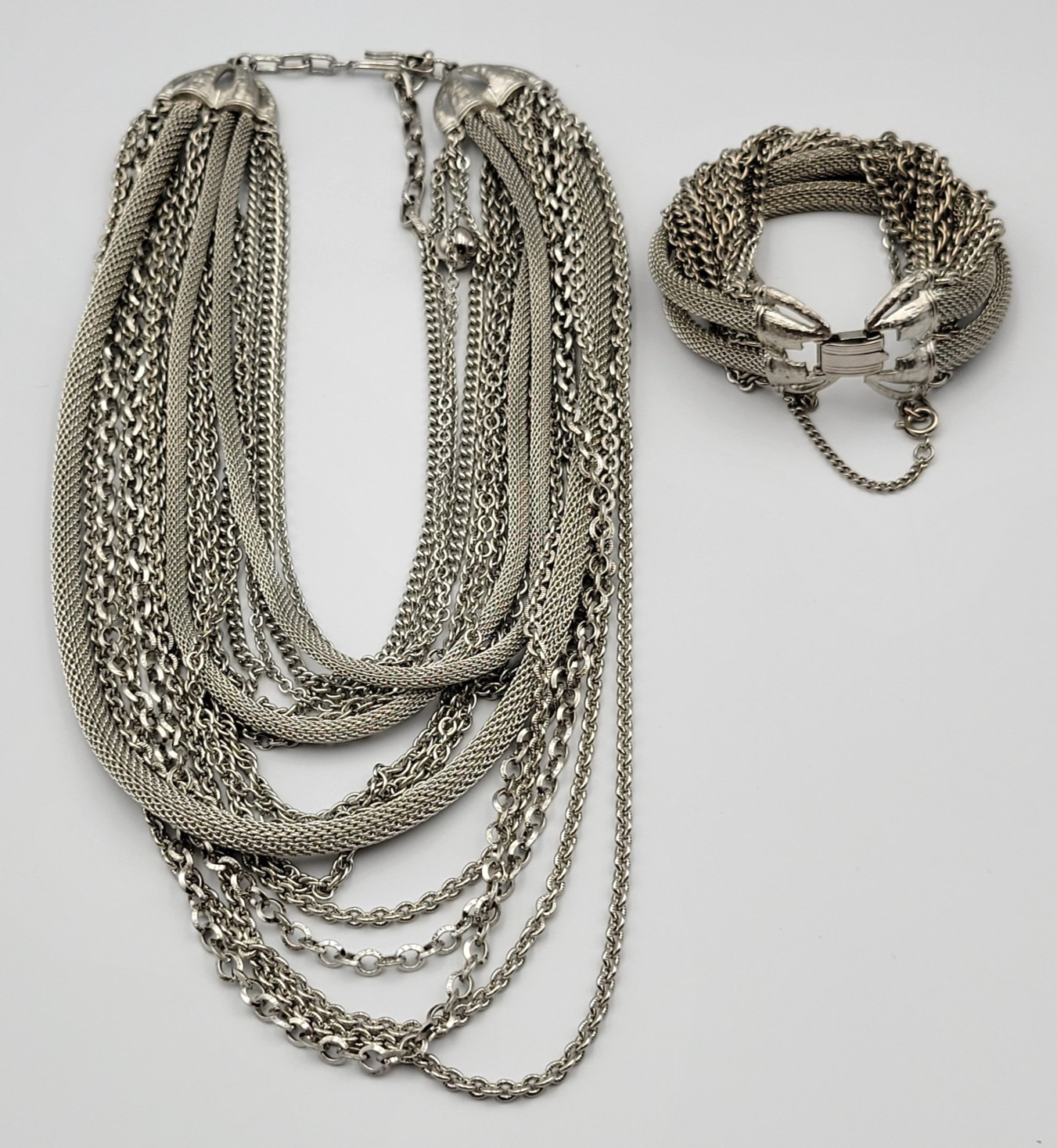Vintage Multi Strand Chain Necklace Bracelet Jewelry Set Layered Silver Tone