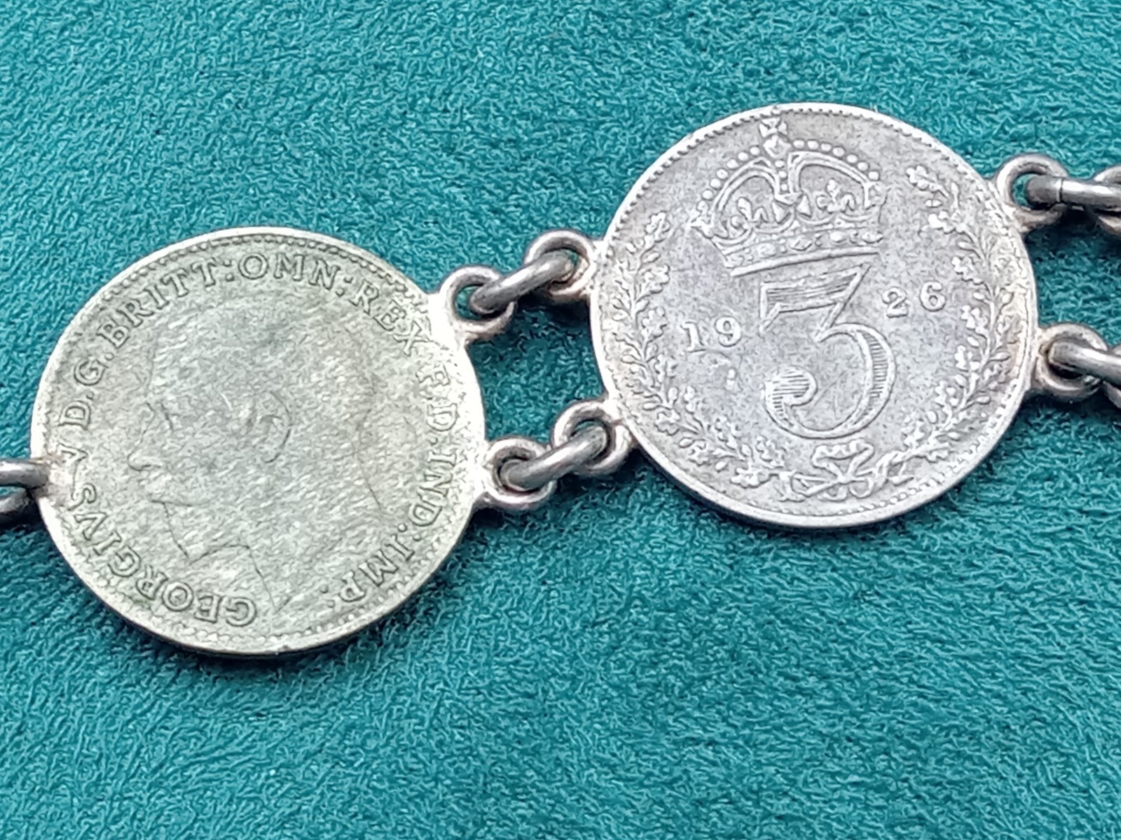 United Kingdom 3 Pence Silver Coin Link Bracelet: 7″ Long, King George