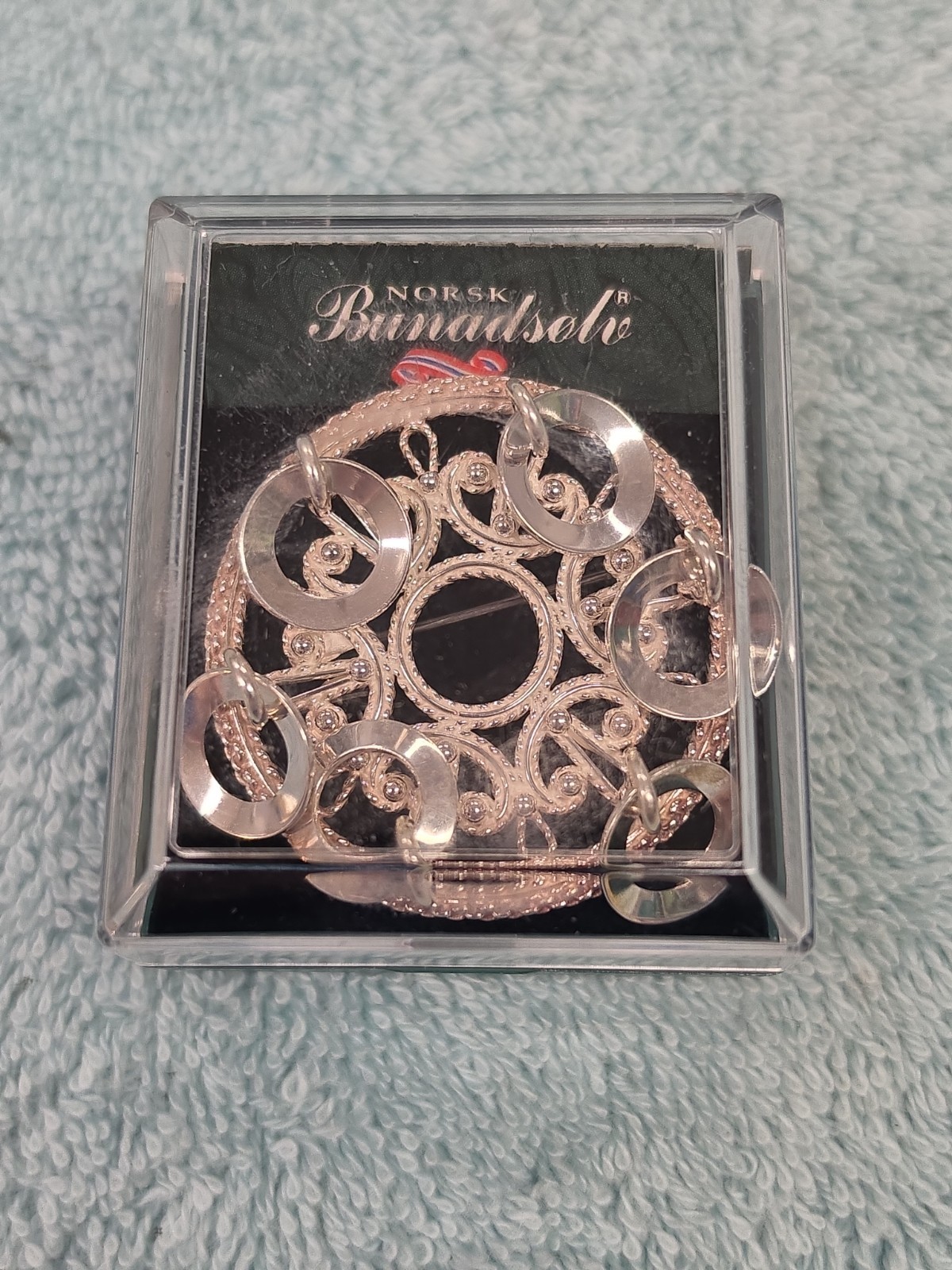 Traditional Norsk Bunadsolv Norwegian Brooch Silver 830 Dangling Charms Orig Box