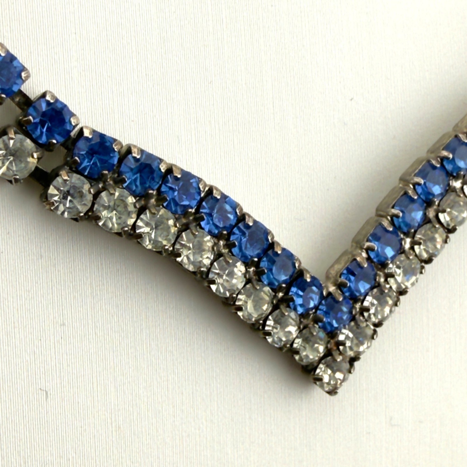 Vintage Blue Clear Rhinestone Necklace V Shape Silver Tone 16-Inch