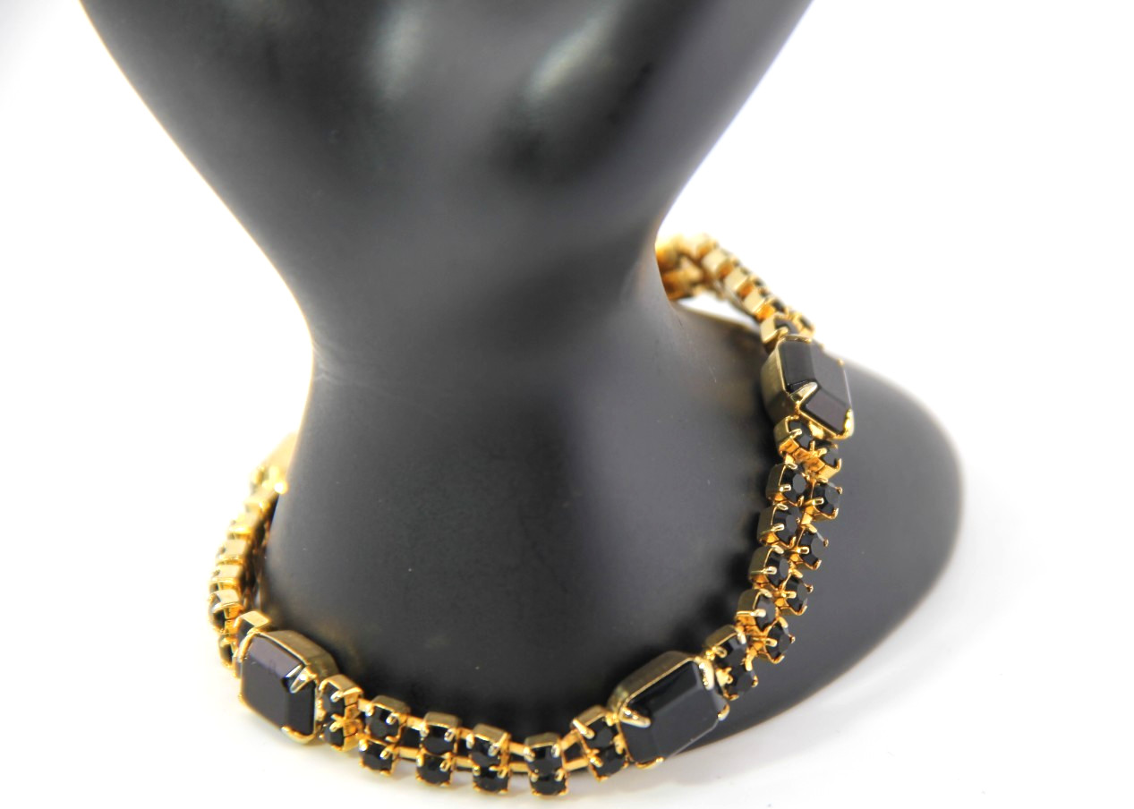 Vintage Bracelet Black Prong Set Rhinestones Push Lock, Czech Republic 1980