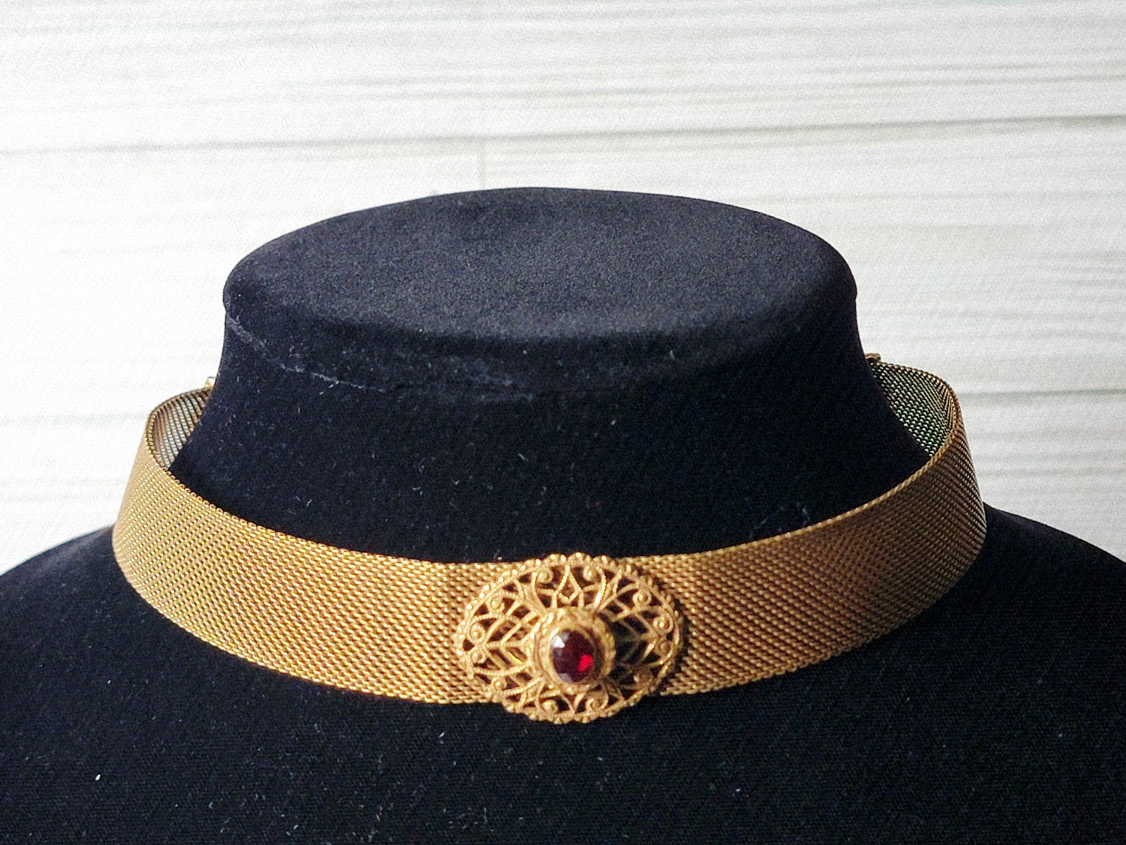 Vintage Mesh Necklace Gold Brass S-Hook Closure Red Stone Center