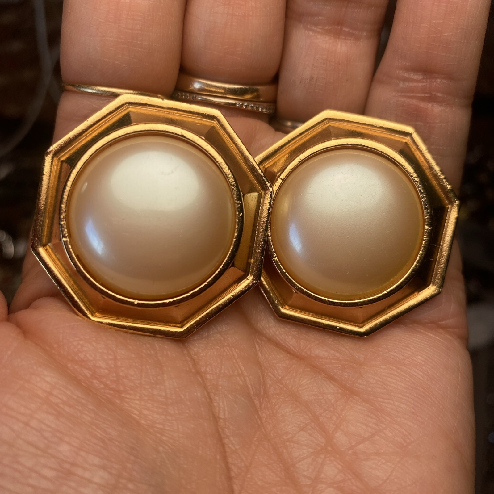 Yves Saint Laurent YSL Vintage Signed Octagon Faux Pearl Gold Clip-On Earrings