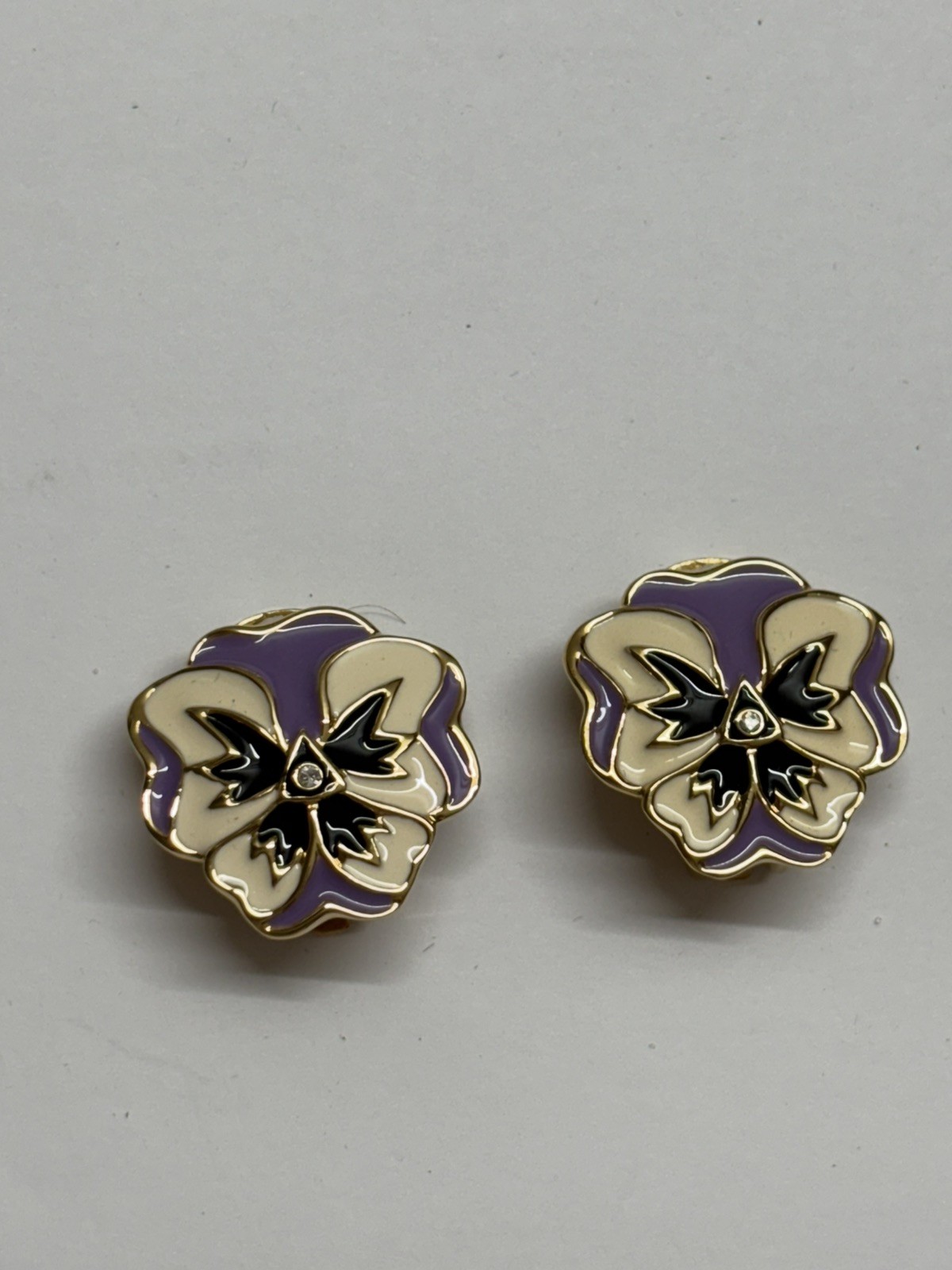 Bob Mackie Clip On Earrings Purple Enamel Pansy Flower Rhinestone