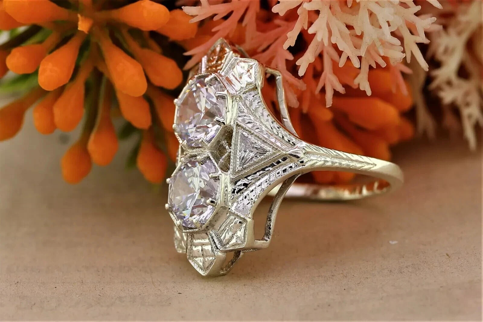 Art Deco Round Lab Created Diamond Two-Stone 14K White Gold FN Engagement Ring