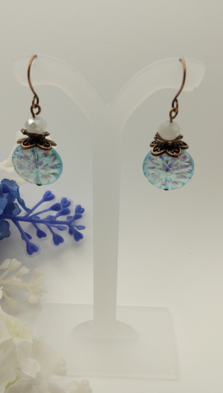 Aqua Dangle earrings Antique Copper Crystal NF Birthday Handmade Mothers Day