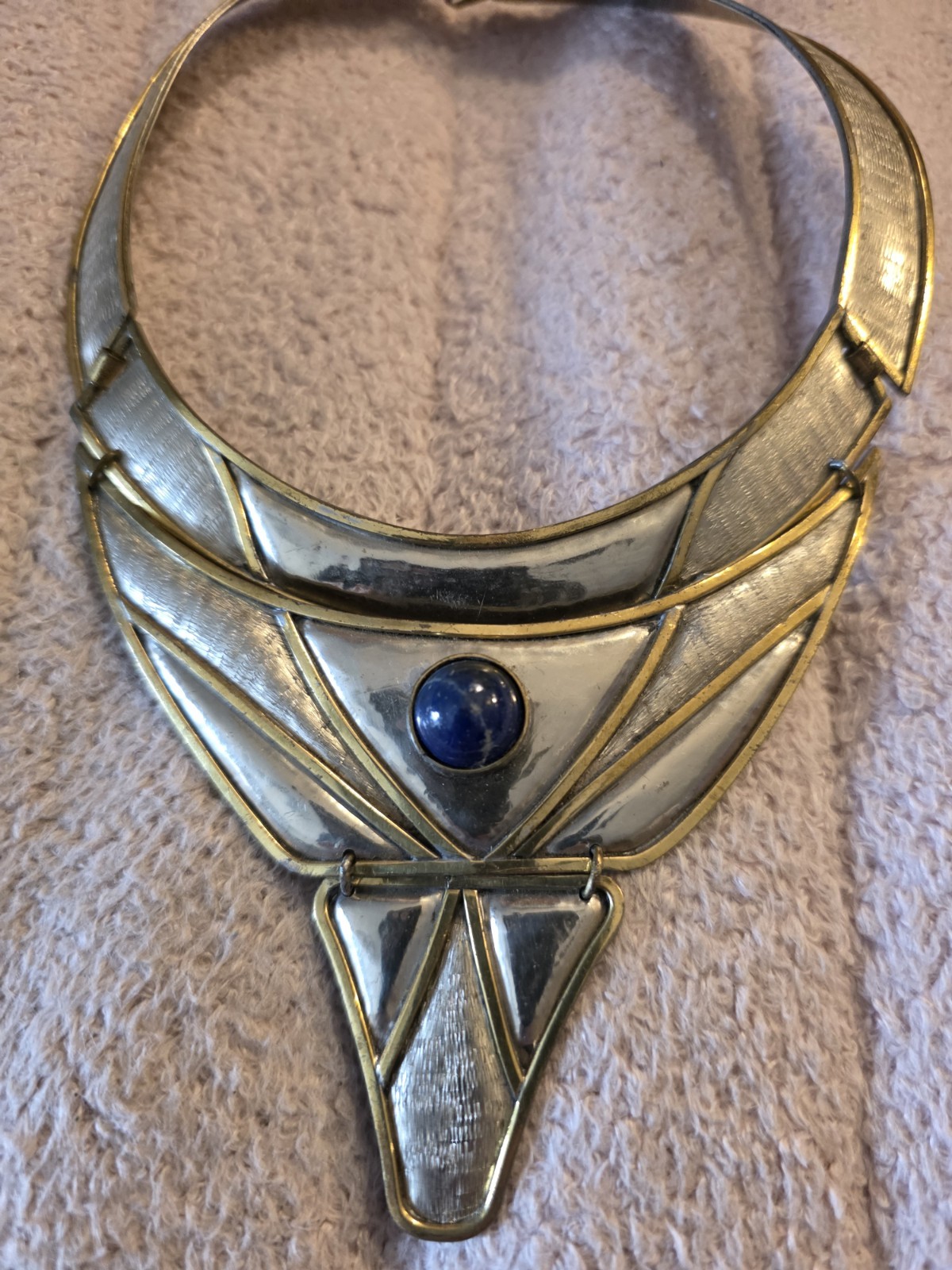 Vintage Morita Gil Designer Blue Lapis Metallic Bronze Collar Necklace Large