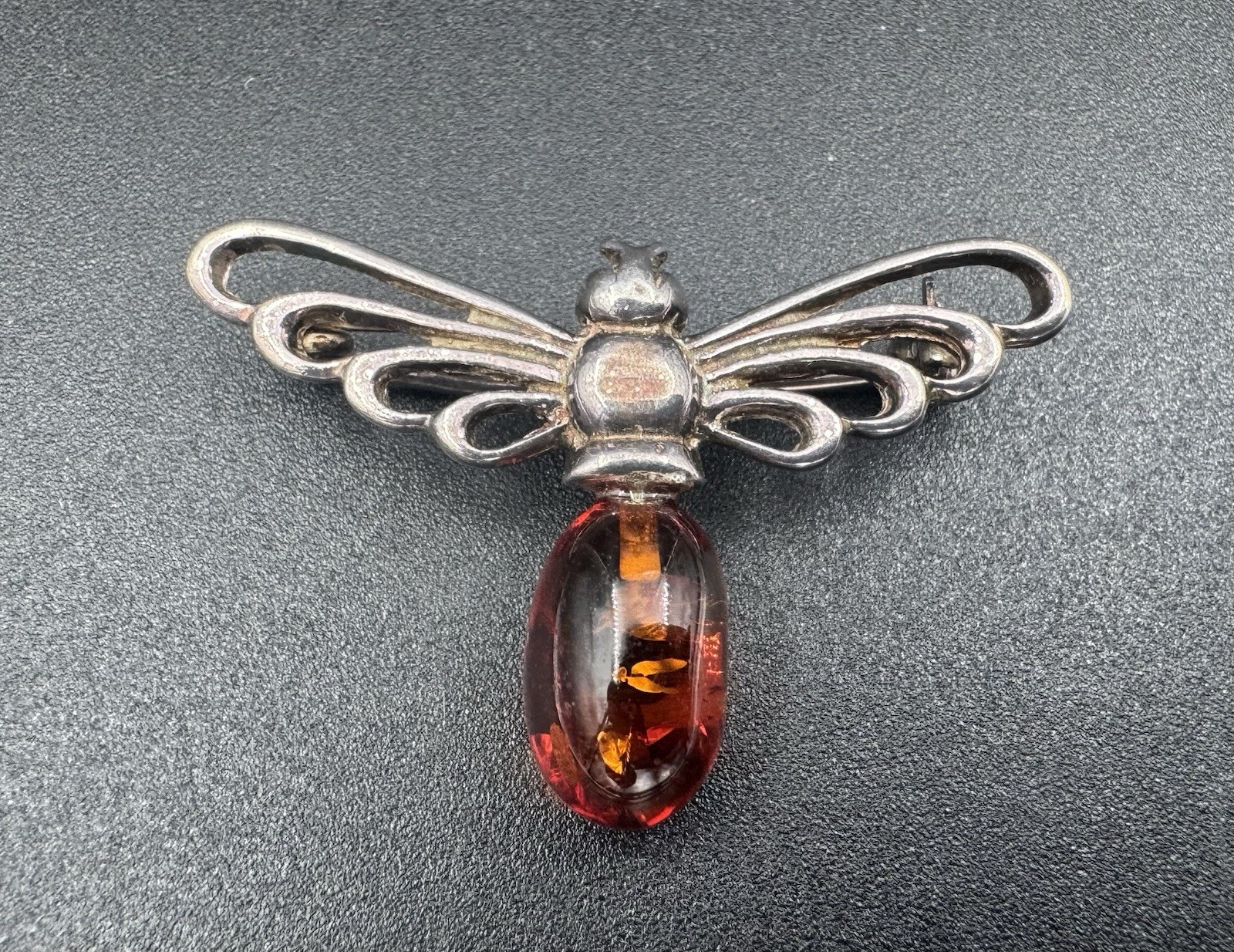 Vtg 925 Sterling Silver Baltic Amber Dragonfly Insect Brooch Pin Signed MW 1.5”