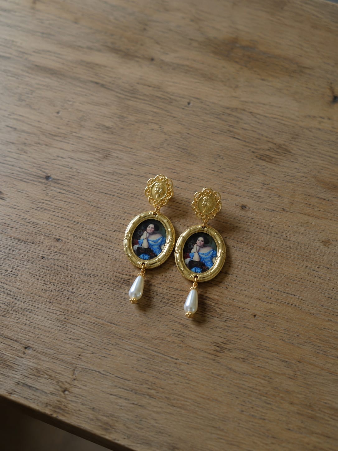 Vintage Portrait Pearl Drop Earrings Gold Baroque Victorian Rococo Dangle Gift