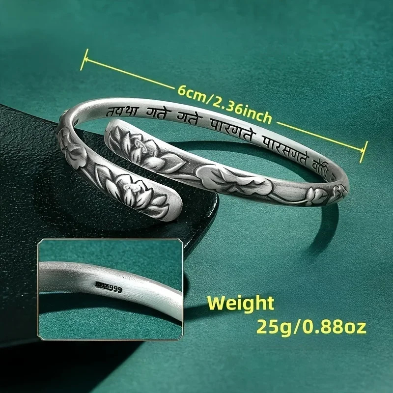 Vintage 925 Silver Lotus Flower Cuff Bracelet Adjustable Bangle for Women
