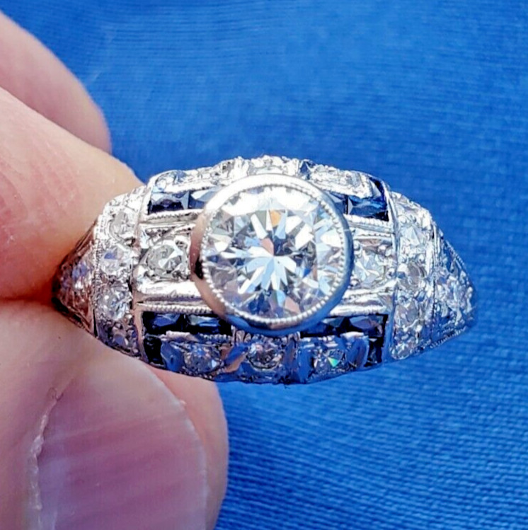 Original EARTH MINED DIAMOND Deco Engagement Ring Platinum Sapphire Solitaire 6