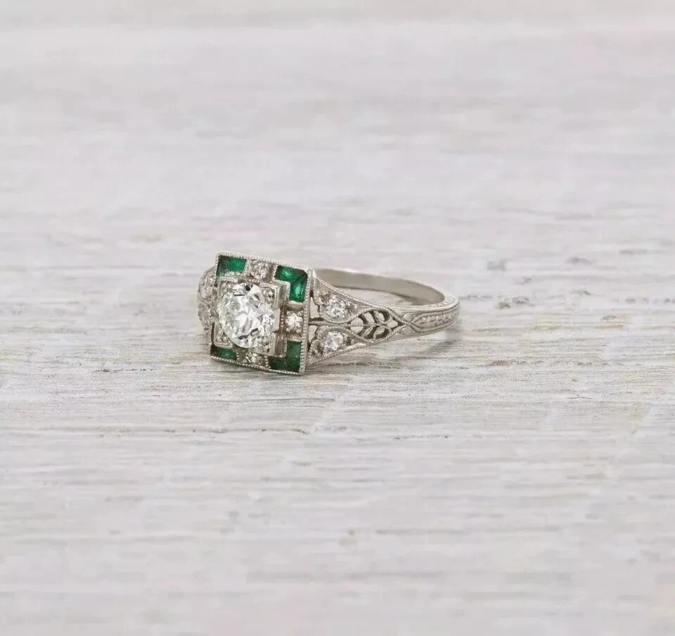 2Ct Art Deco Vintage Style Lab Created Diamond & Emerald 14K White Gold FN Ring