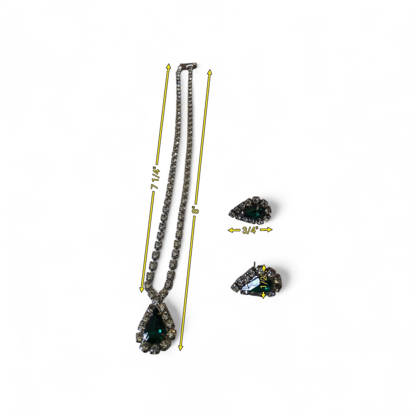 Vintage Rhinestone Choker Neckace/Earrings Set Green Teardrop Silver Tone Bridal