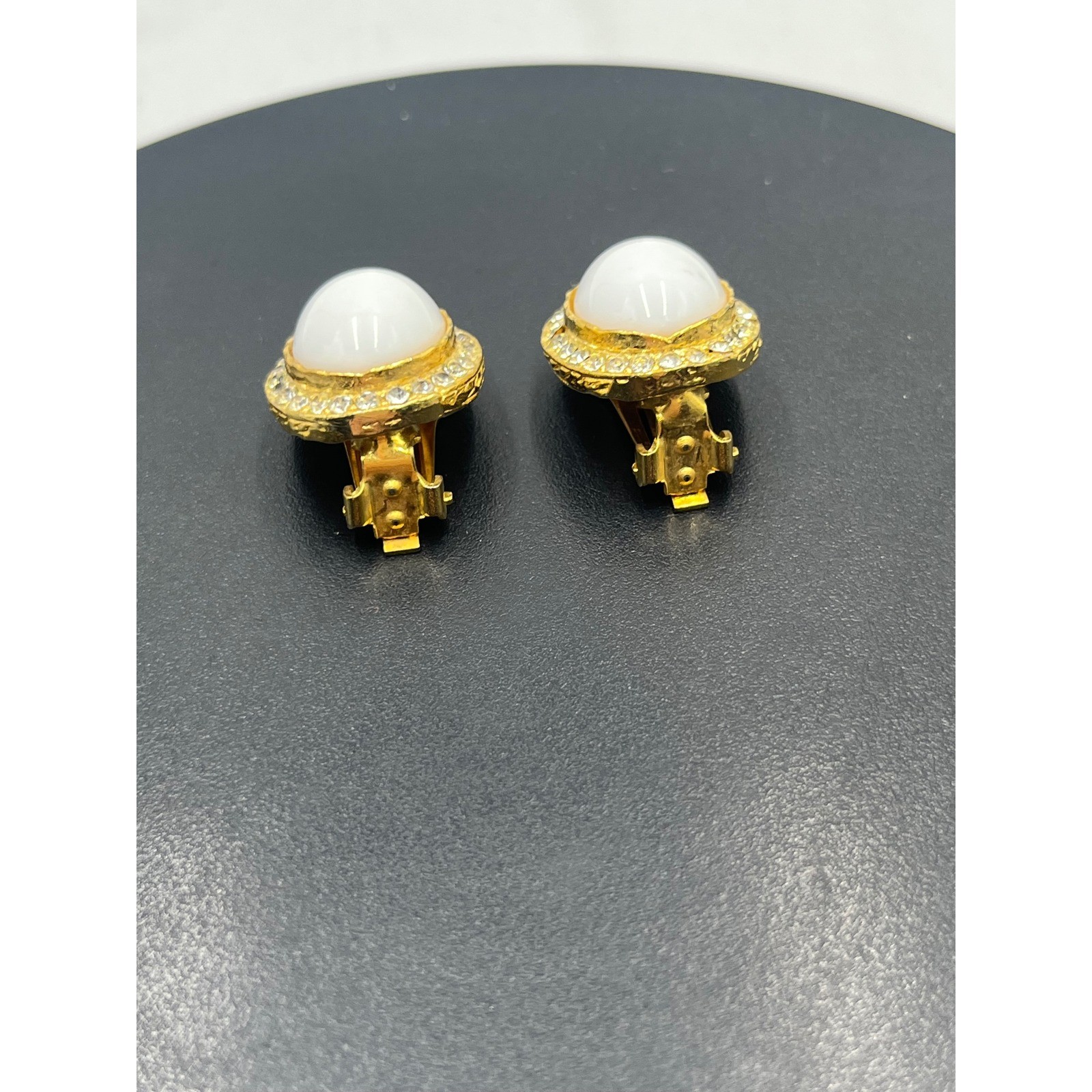 White Milk Glass Vintage Oval Cabochon Clip Earrings Rhinestone Halo GoldTone