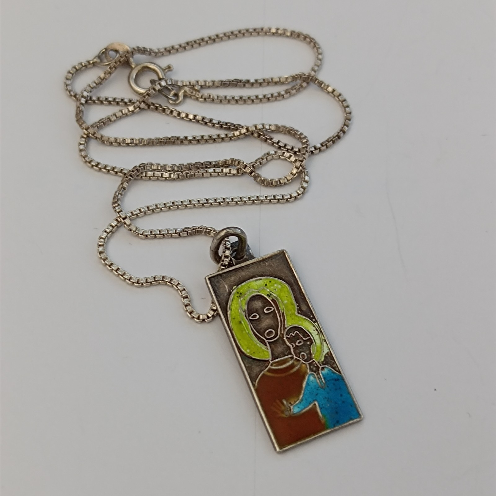 VTG 950 Silver Enamel Necklace Modernist Woman Child Artisan Abstract Pendant
